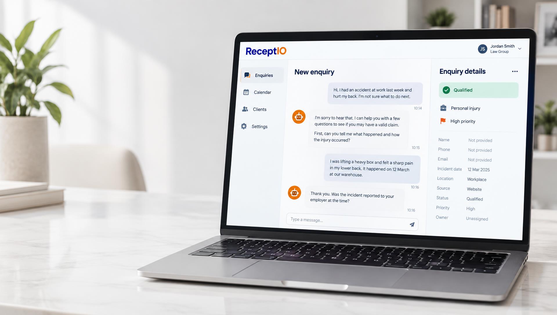 ReceptIO client intake conversation and enquiry details shown on a laptop